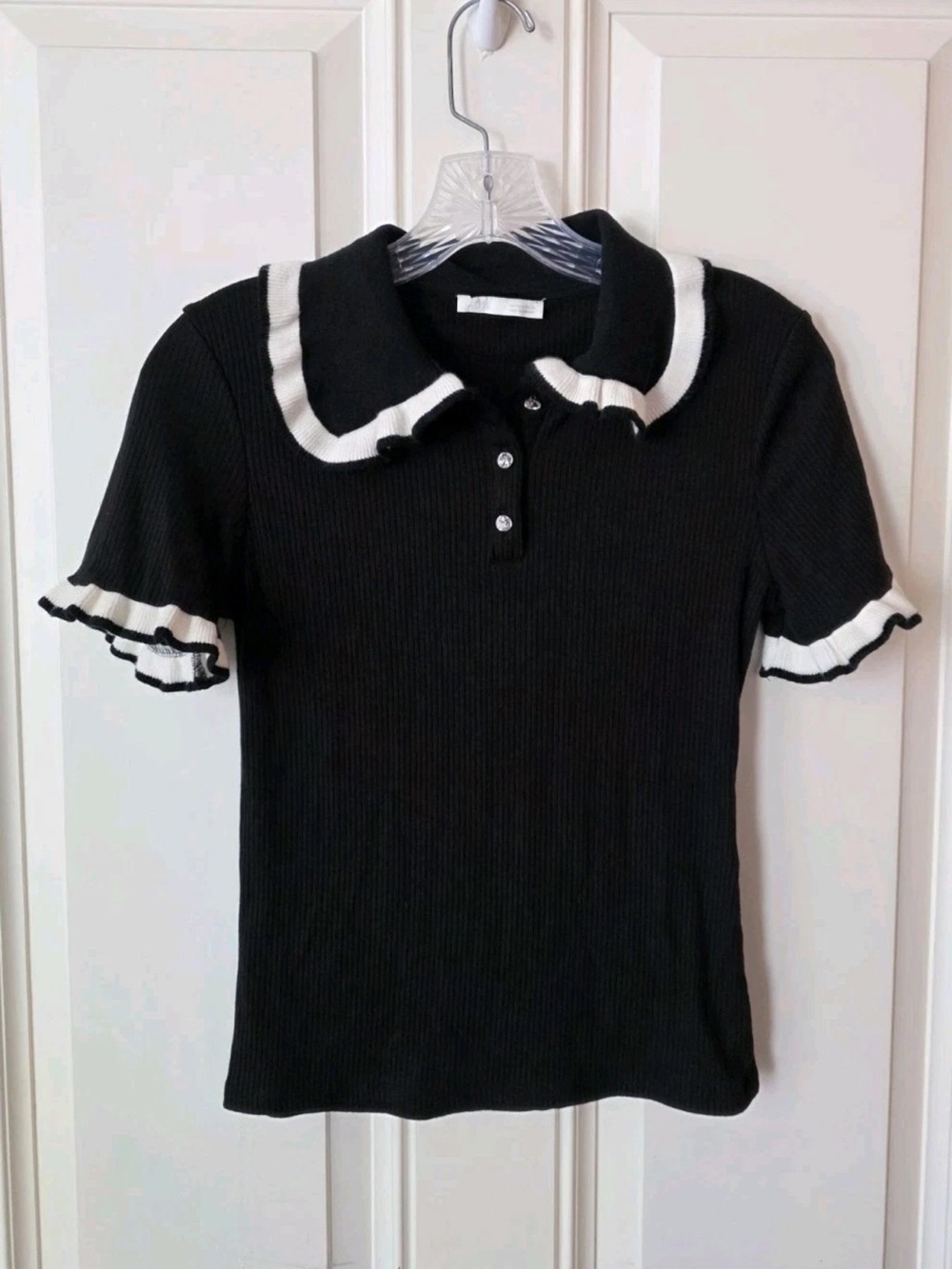 Zara Black Knit Polo Top with White Trim
